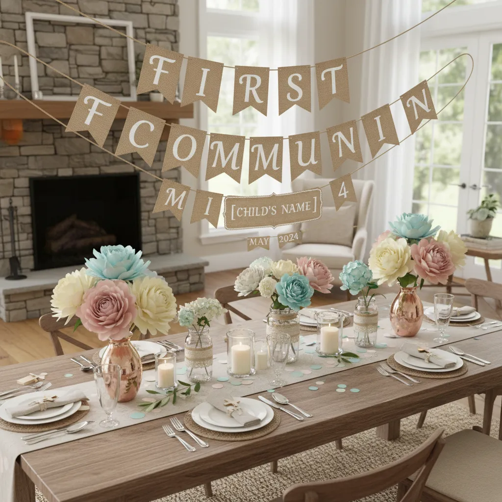 DIY First Communion decorations with handmade banner paper flowers and personalized table setup