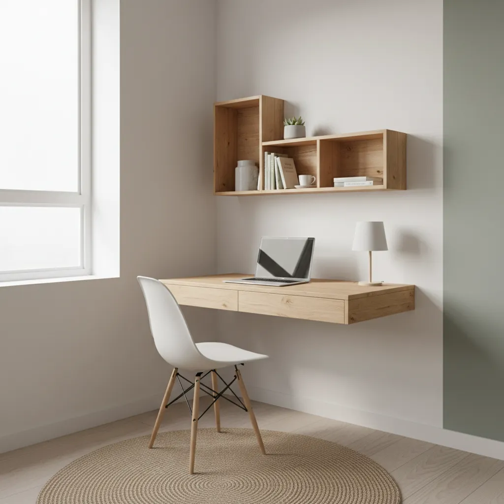 DIY floating desk installed in a tiny apartment corner workspace