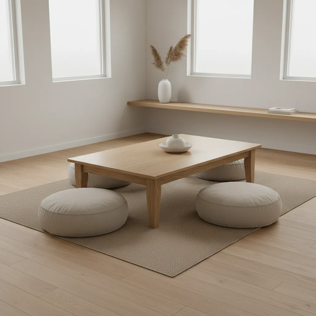 low wooden DIY floor table placed in a modern living room seating area