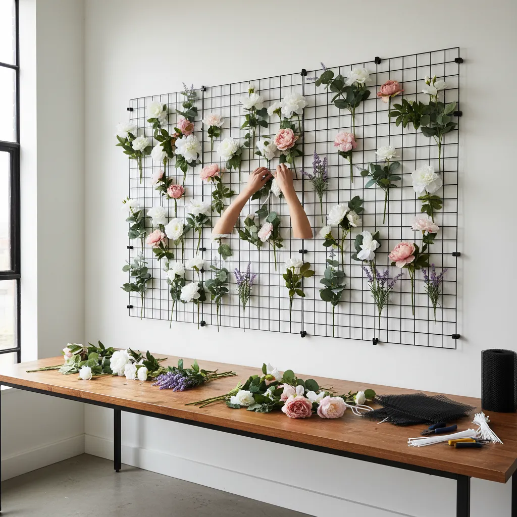 DIY artificial flower wall frame made from plastic mesh panel