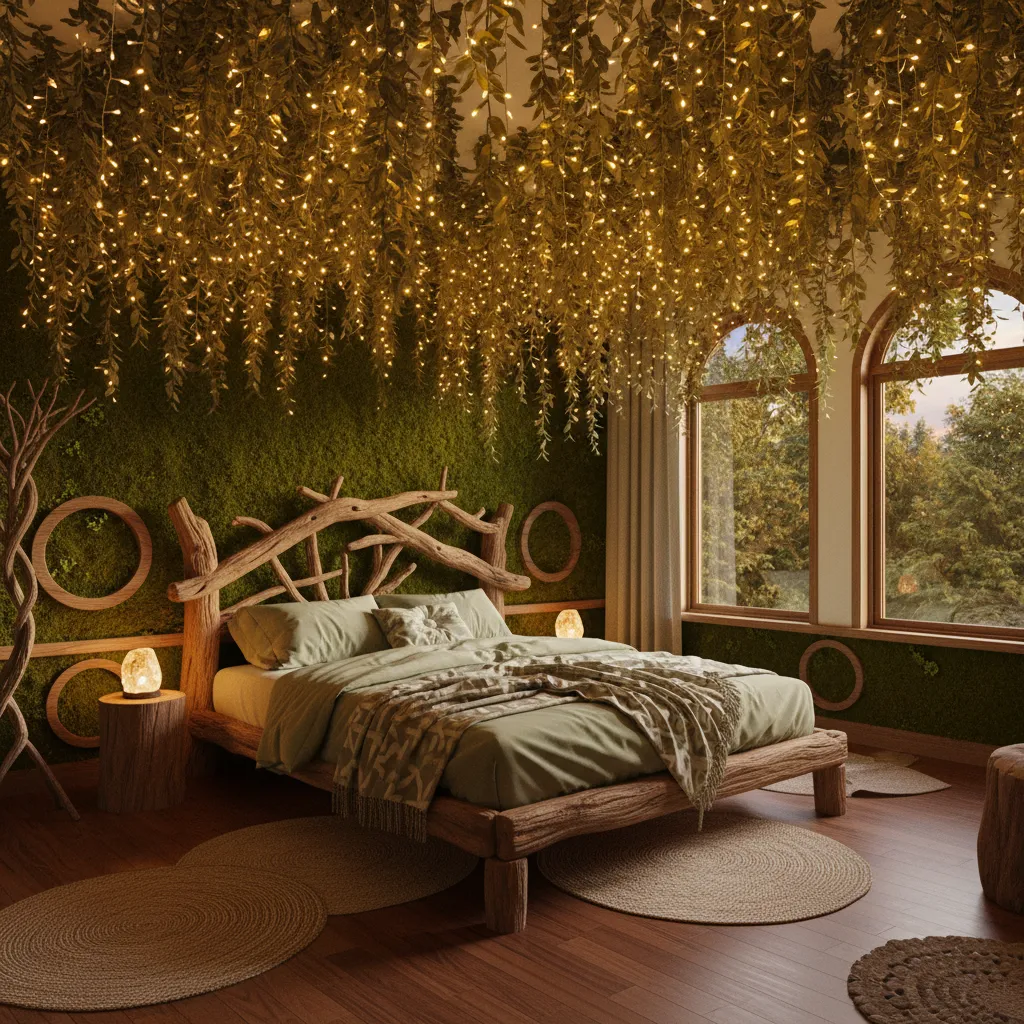 DIY enchanted forest bedroom with vines fairy lights and wood textures