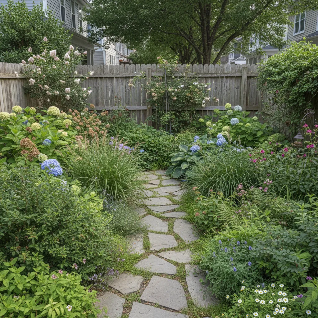 example backyard showing overcrowded plants and narrow walkway from poor DIY landscape planning