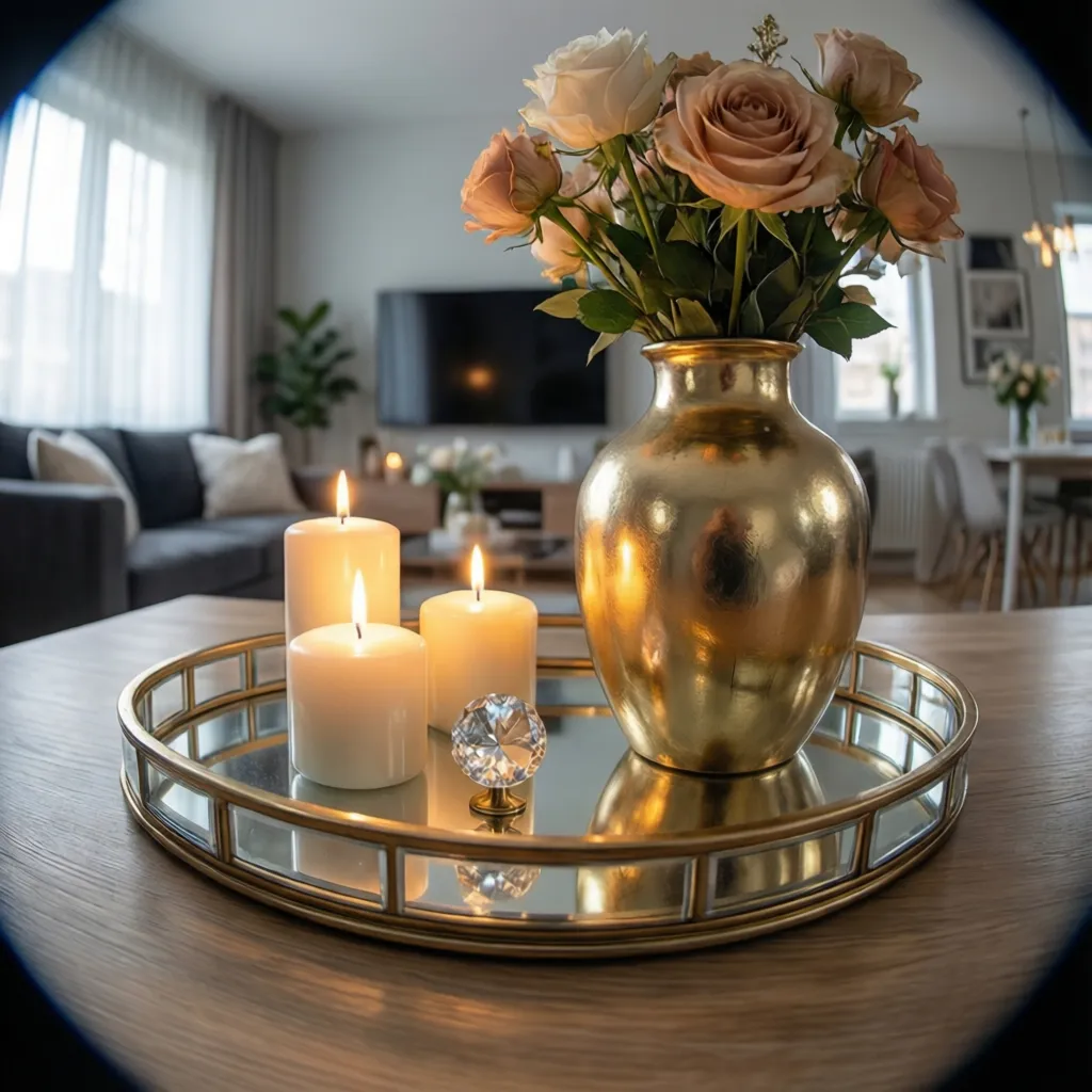 DIY glam decor projects including metallic tray candle holders and crystal knobs