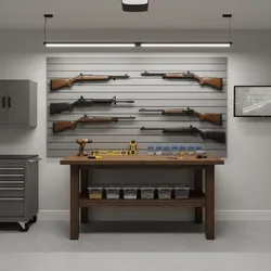 Wooden workbench with tools and jars in front of a wall panel holding several rifles