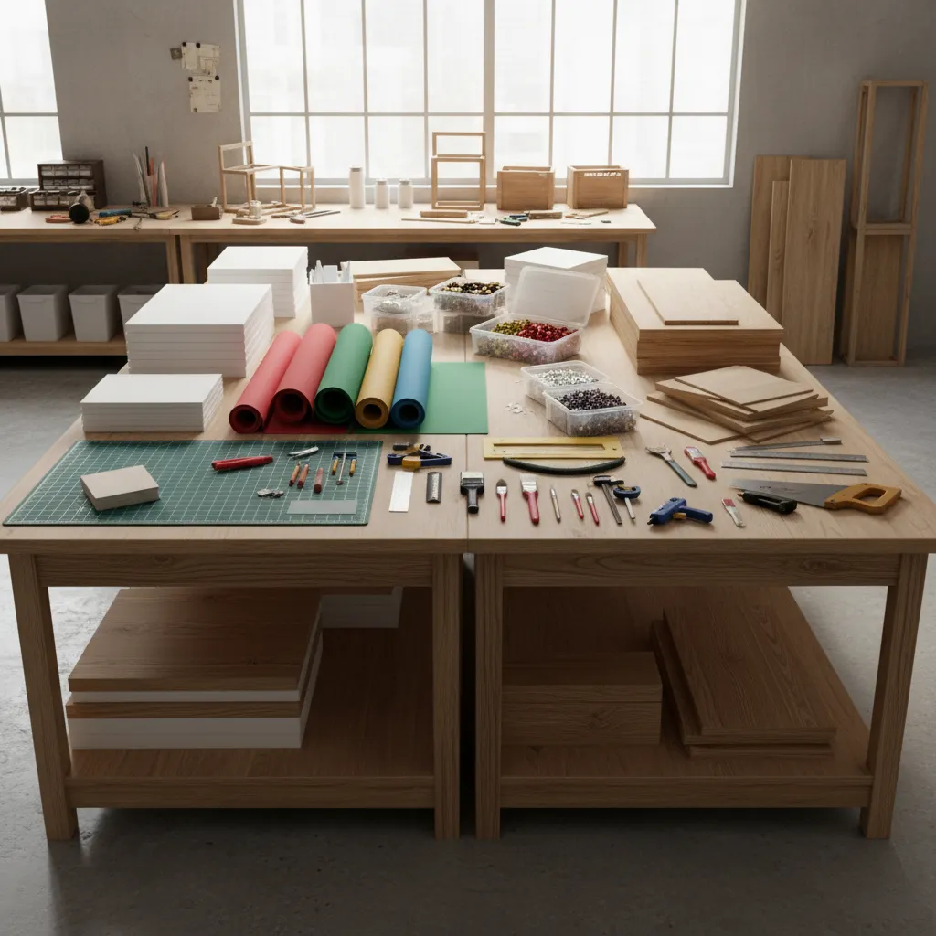 DIY holiday decoration materials including foam boards and treated wood props