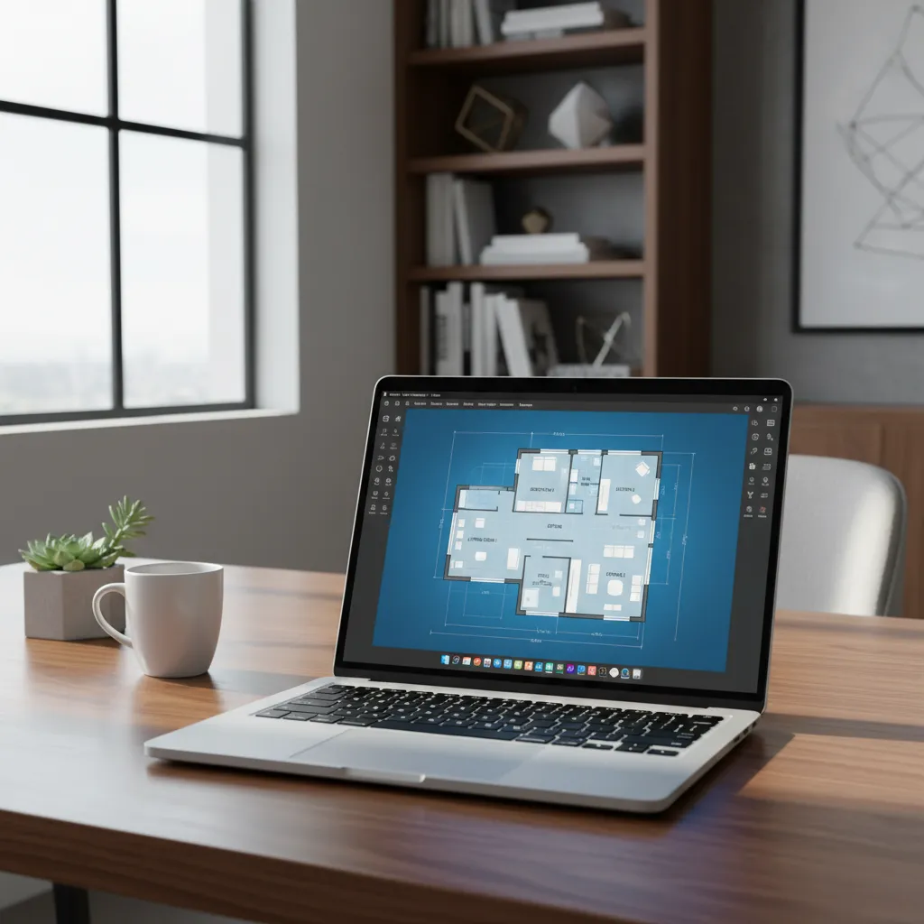 Laptop showing a digital home floor plan created with free architect software