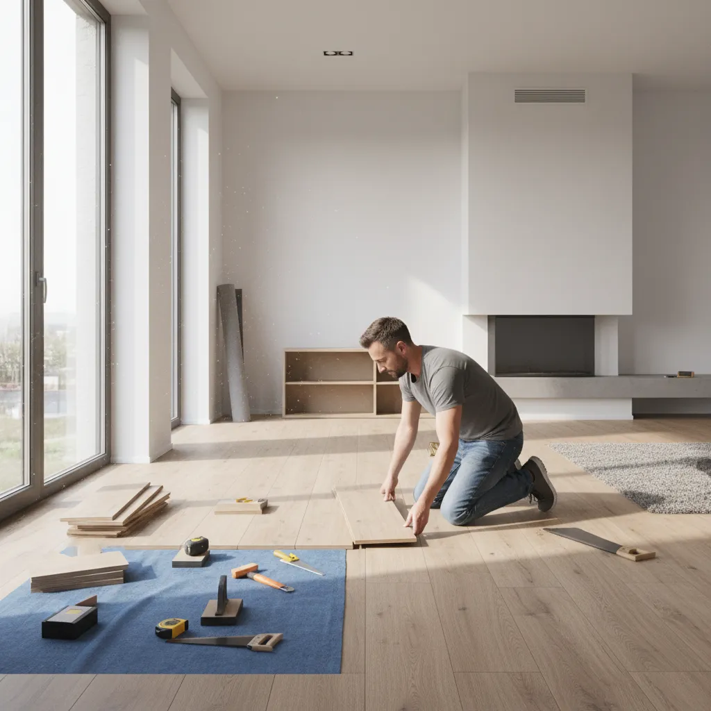 Homeowner installing laminate flooring during DIY renovation