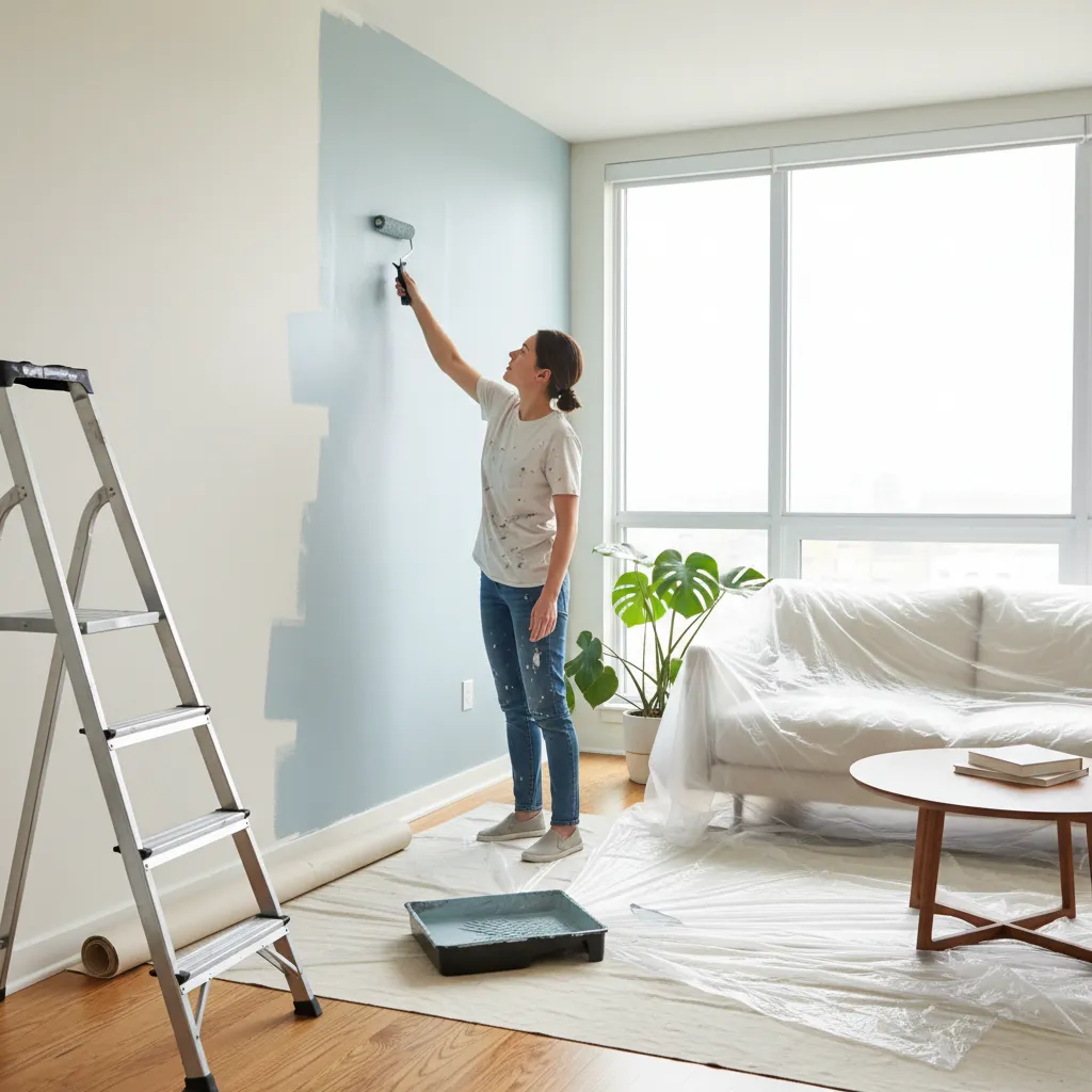 Homeowner painting living room wall with roller during DIY house painting project