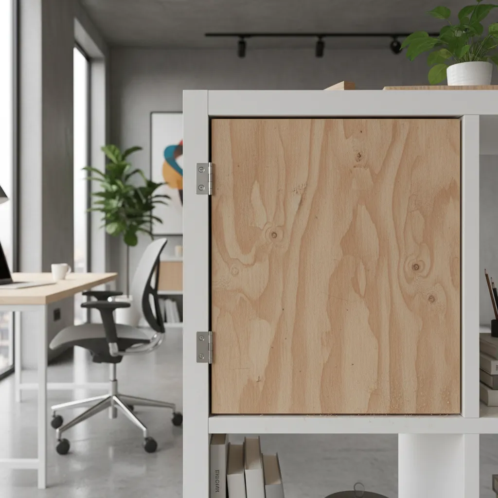 DIY wooden door panel being installed on an IKEA Kallax cube with cabinet hinges