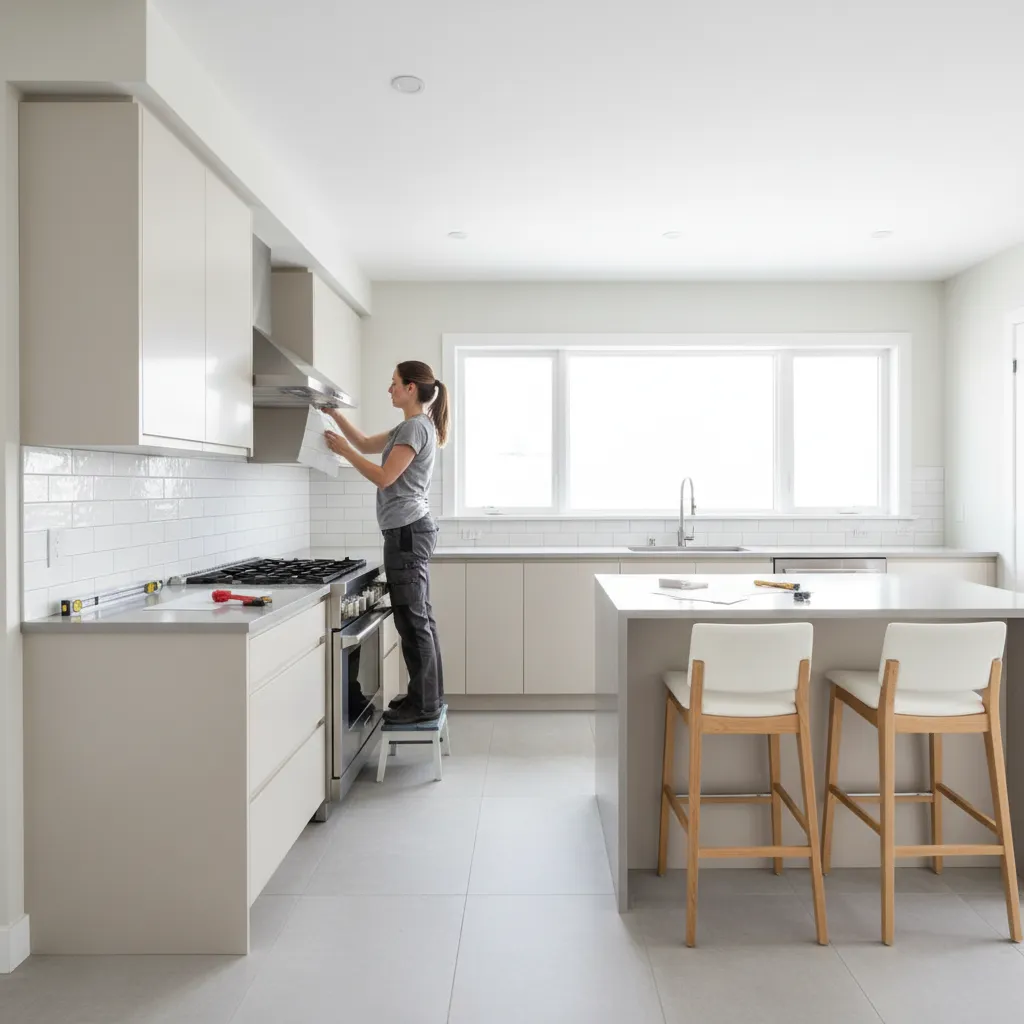 Homeowner installing peel and stick backsplash in kitchen