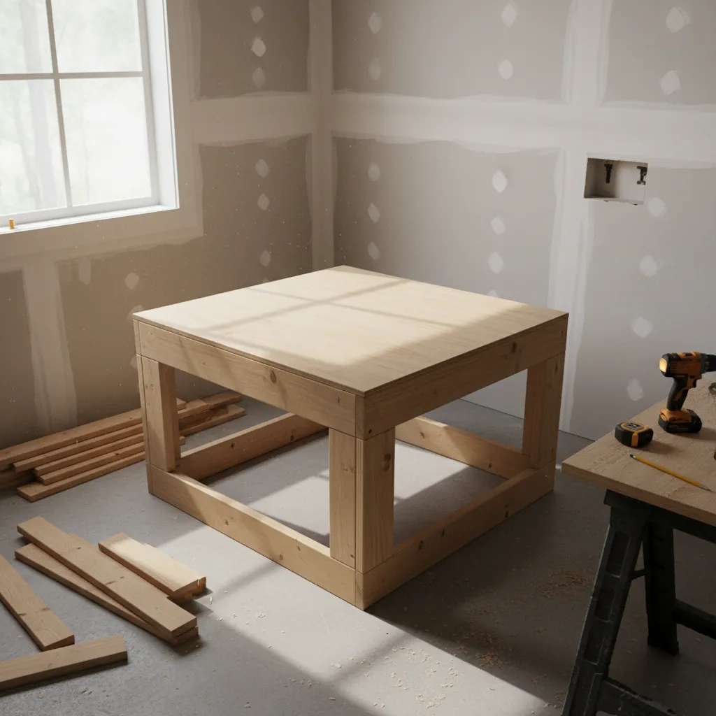 Wood framed DIY laundry pedestal structure with plywood top before installation