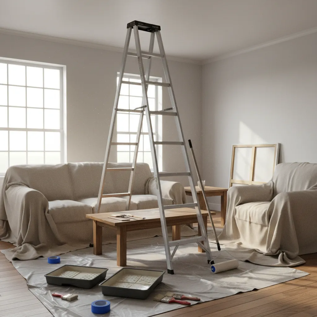 DIY living room painting setup with rollers, paint trays, ladder and drop cloth