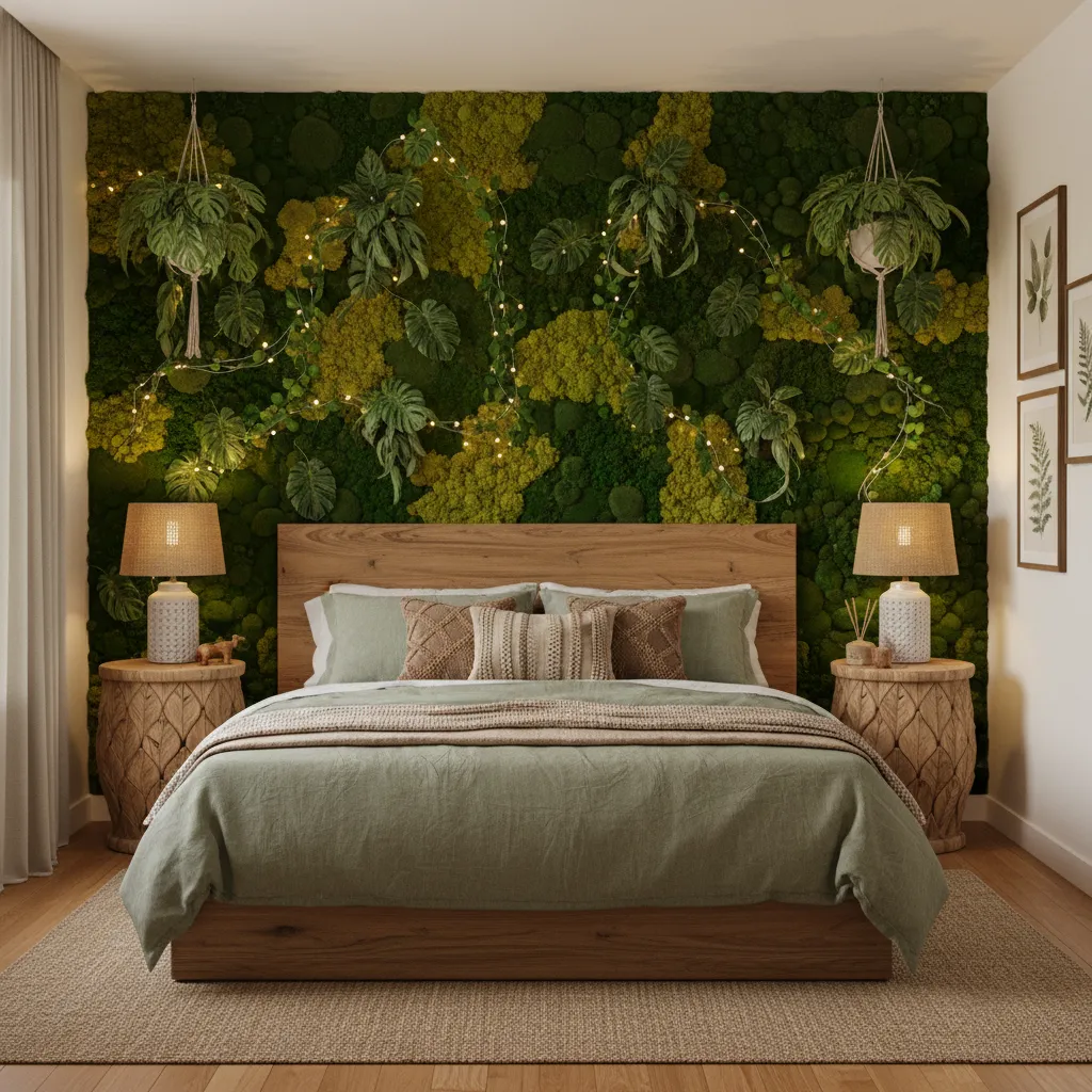 DIY moss and vine accent wall behind a bed in forest themed bedroom