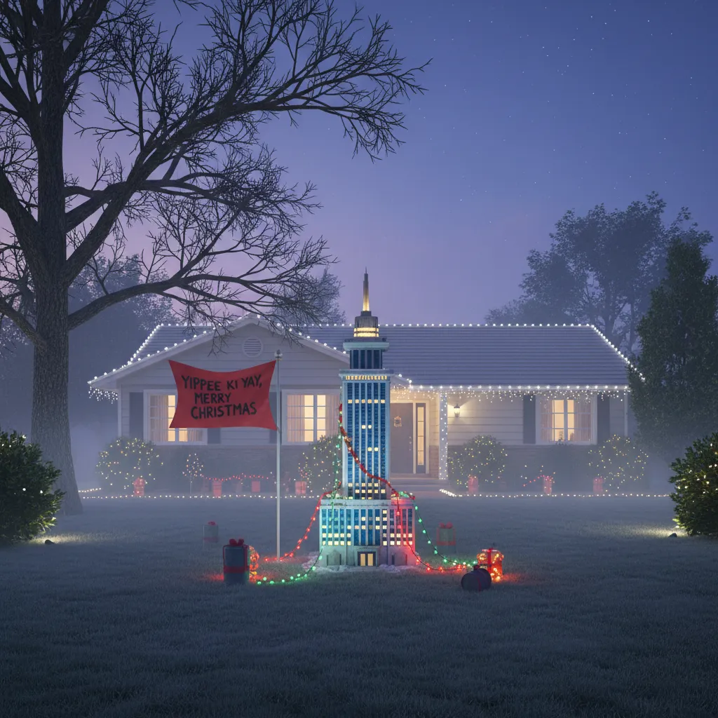 DIY Nakatomi Plaza Christmas yard display with building model and themed decorations