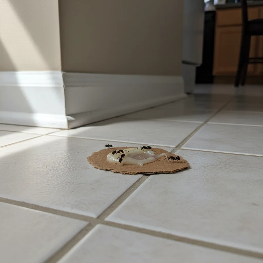 small DIY ant bait made from sugar and borax on cardboard near kitchen wall