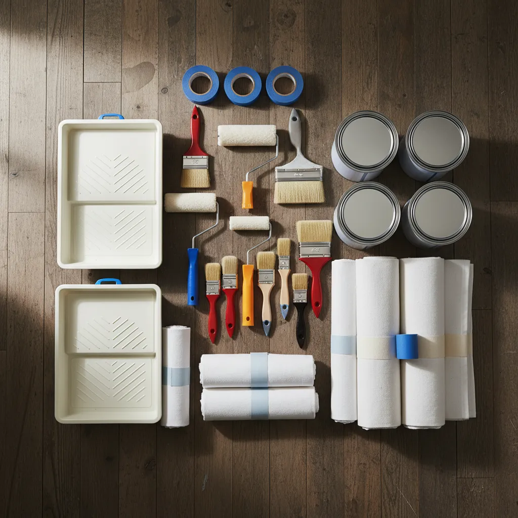 DIY house painting tools including rollers brushes trays and paint cans
