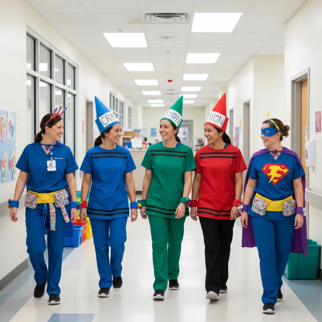 pediatric clinic staff wearing simple DIY Halloween costumes over medical scrubs