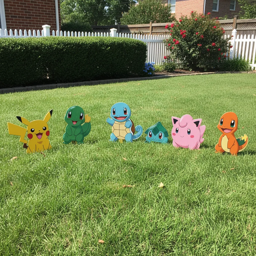 Hand painted wooden Pokémon character lawn cutouts in a garden
