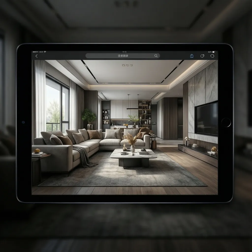 Tablet displaying a DIY home decor app with a 3D living room design layout