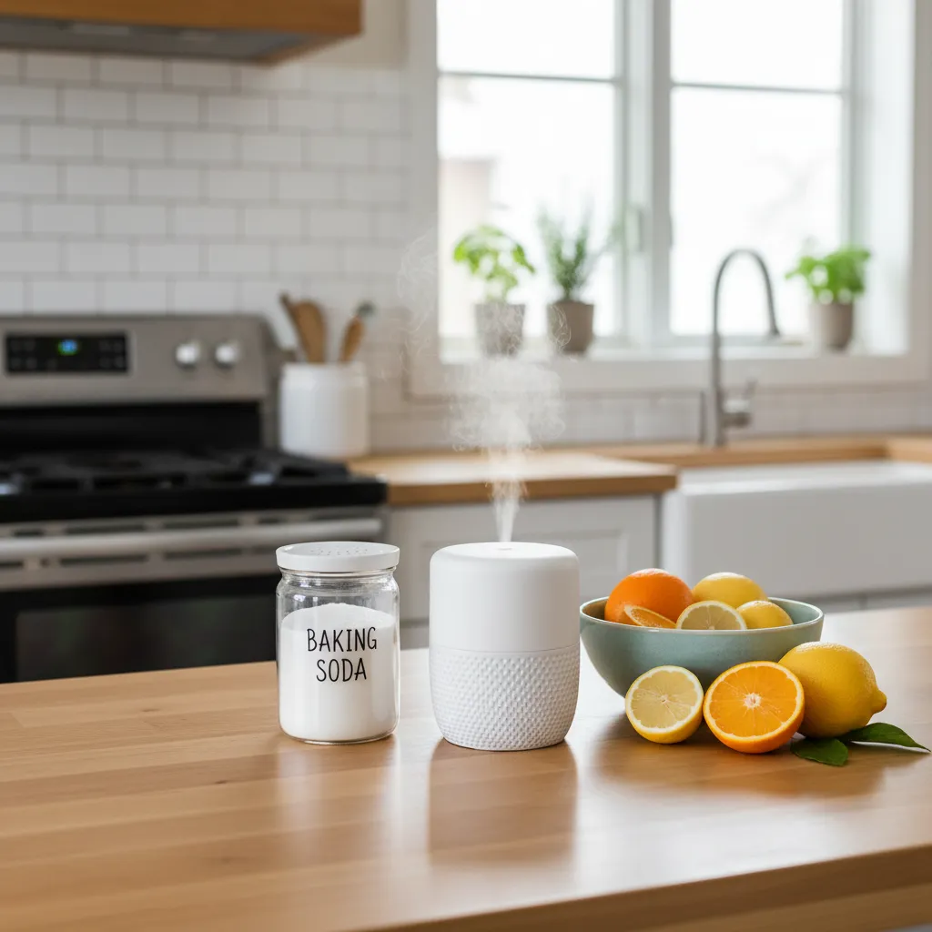 Baking soda jar essential oil diffuser and citrus bowl used as DIY room fresheners