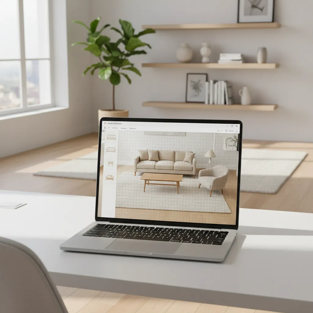 Homeowner using a room planning app to arrange furniture in a living room layout
