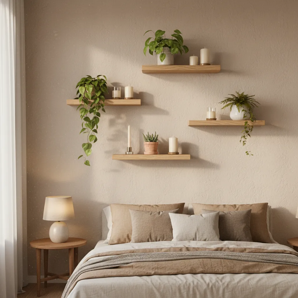 kệ gỗ handmade treo tường với cây và nến