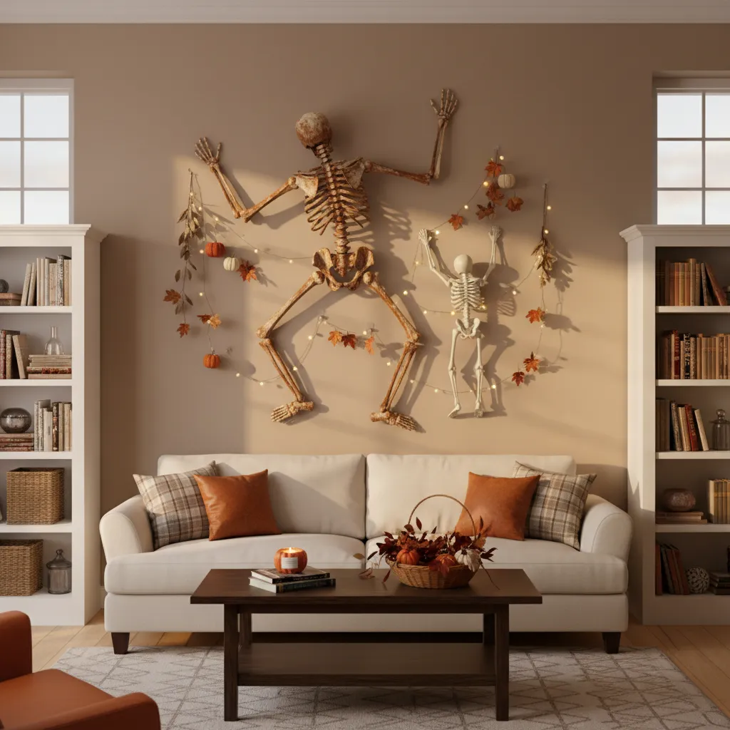 DIY skeleton wall decor made from cardboard and plastic skeleton props on a living room wall