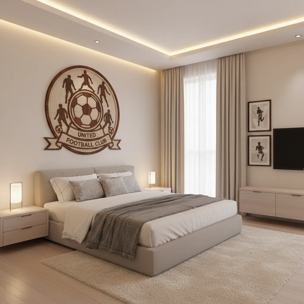 handmade wooden soccer team logo wall decoration in bedroom