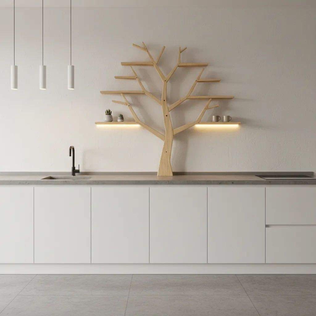 DIY wooden tree wall shelf installed above kitchen counter