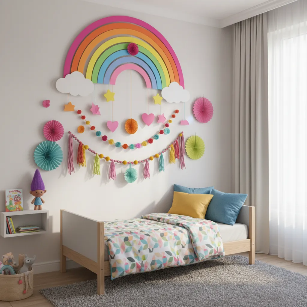 DIY trolls themed wall decorations with colorful paper shapes and rainbow craft decor
