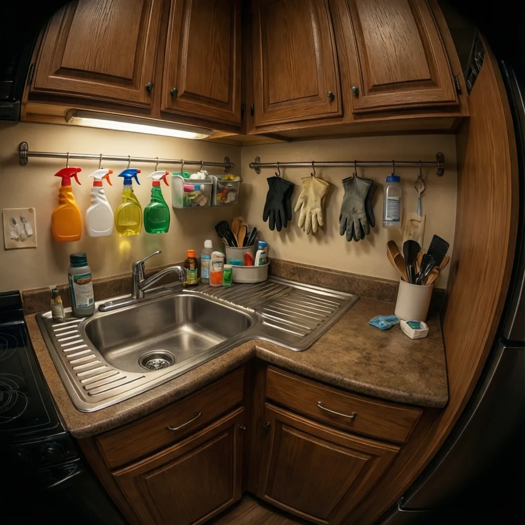 DIY storage hacks using rods and hooks under a corner sink