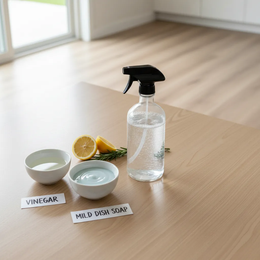 Homemade floor cleaner with water vinegar and dish soap for vinyl flooring
