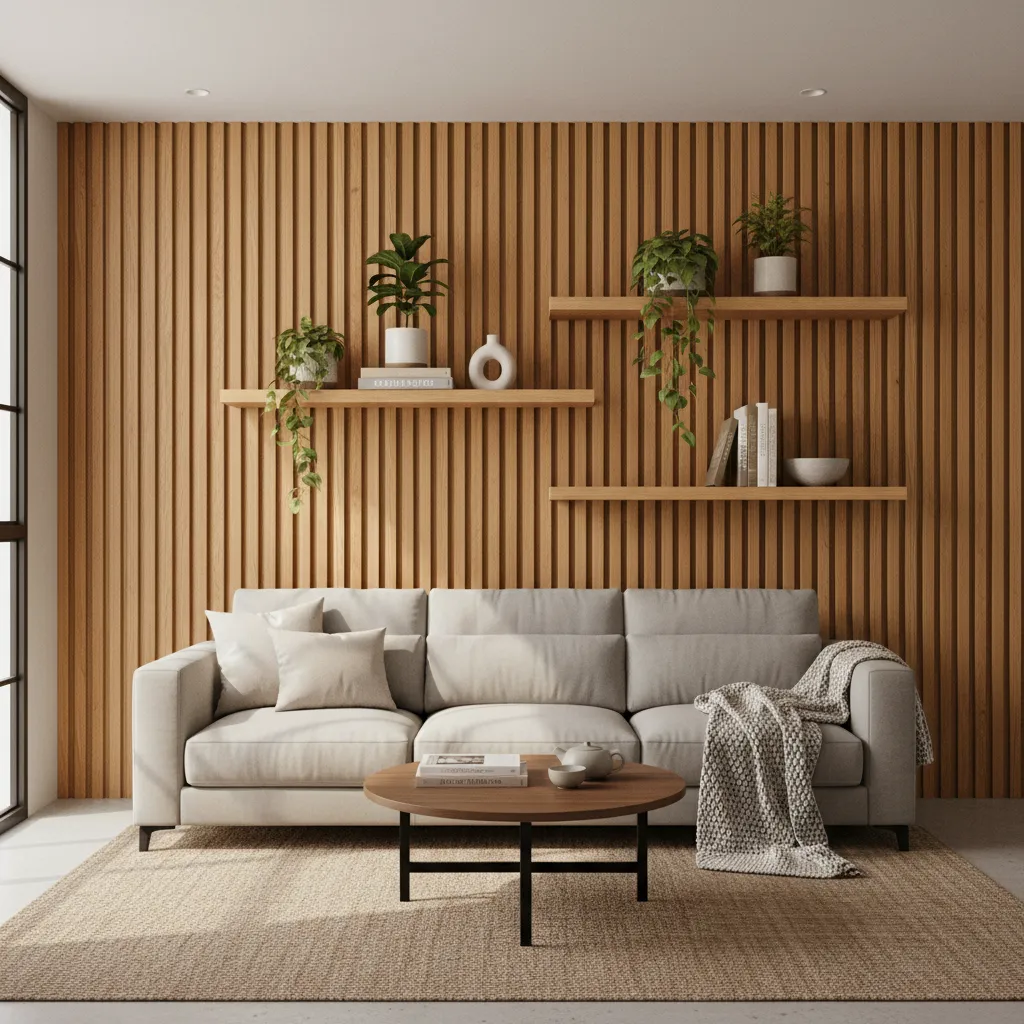 Pared decorada con paneles de madera y estanterías DIY