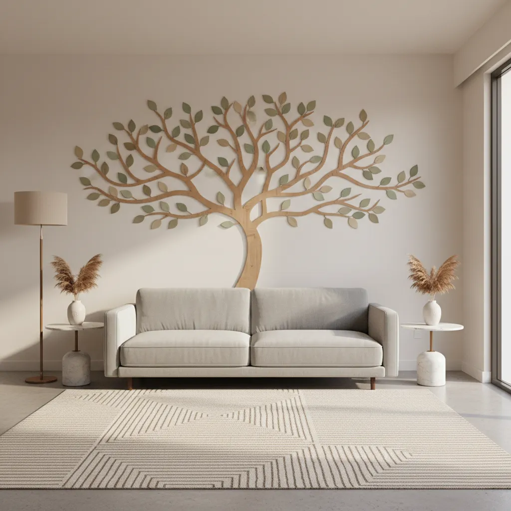Example of DIY wall tree decor installed above a sofa in a modern living room