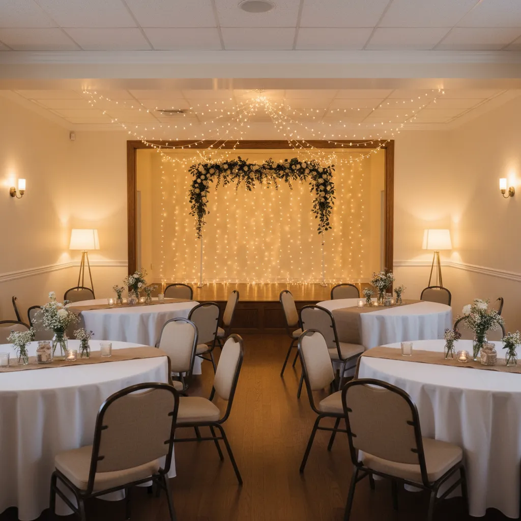 DIY decorated wedding hall with simple floral backdrop and string lights