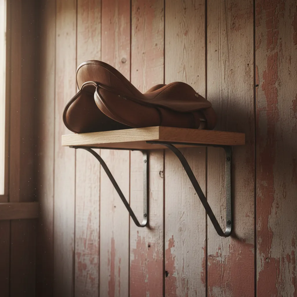 simple DIY wooden saddle rack mounted on barn wall holding leather saddle