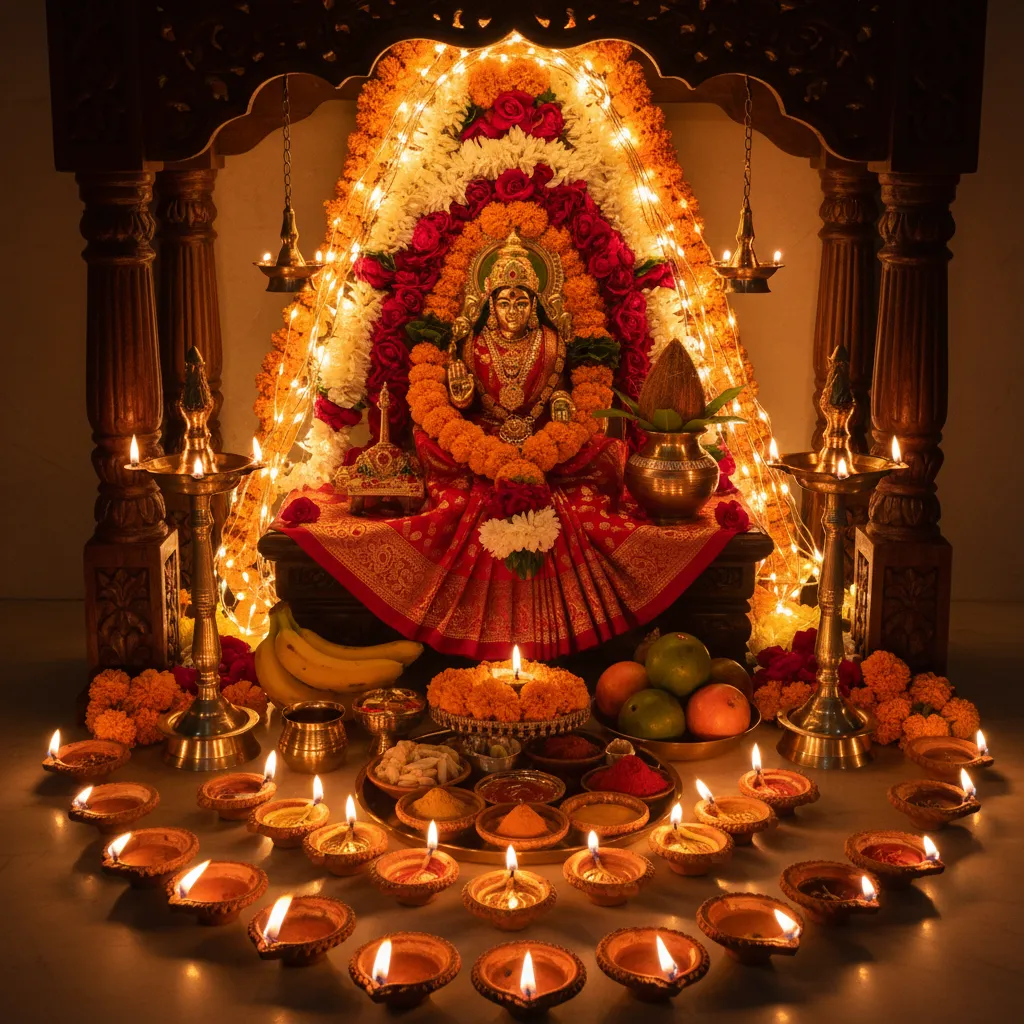 diyas and warm fairy lights illuminating small Laxmi pooja setup