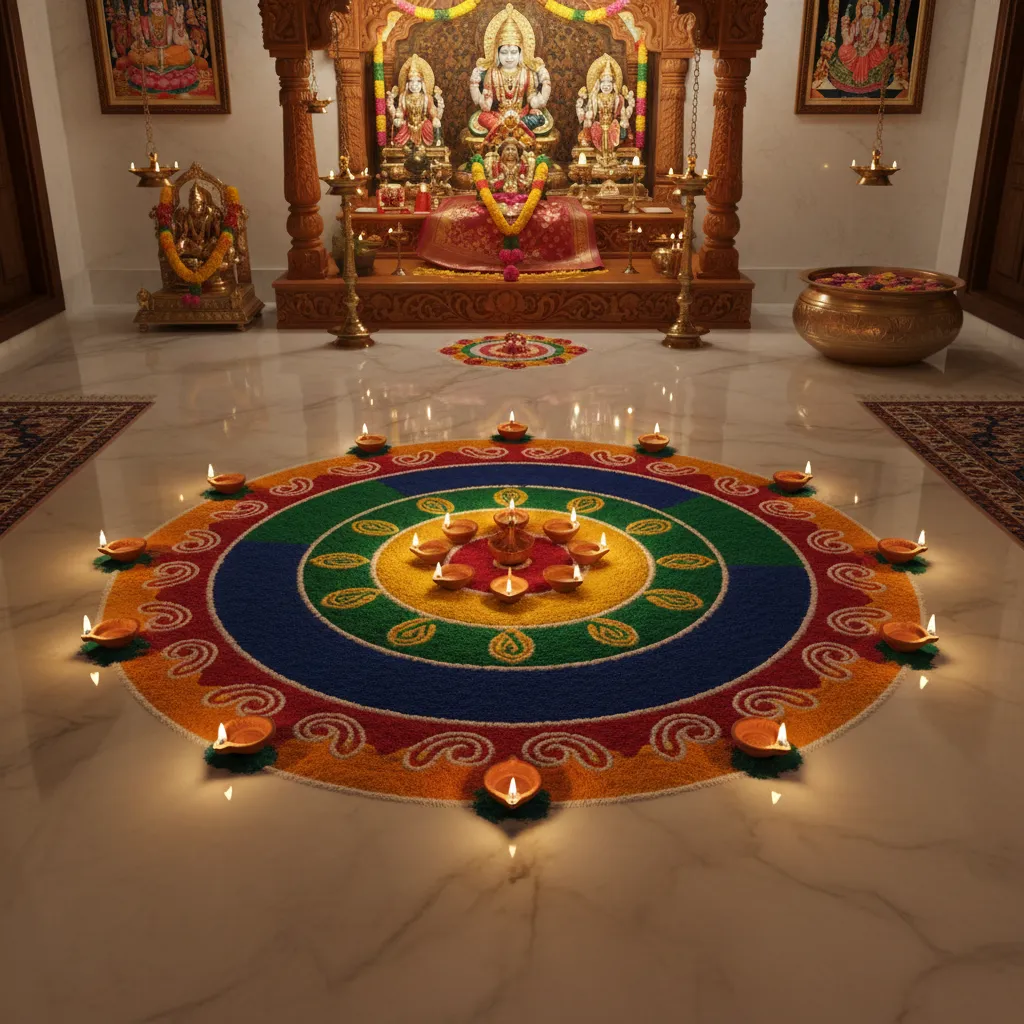 circular diya themed rangoli design with small lamps