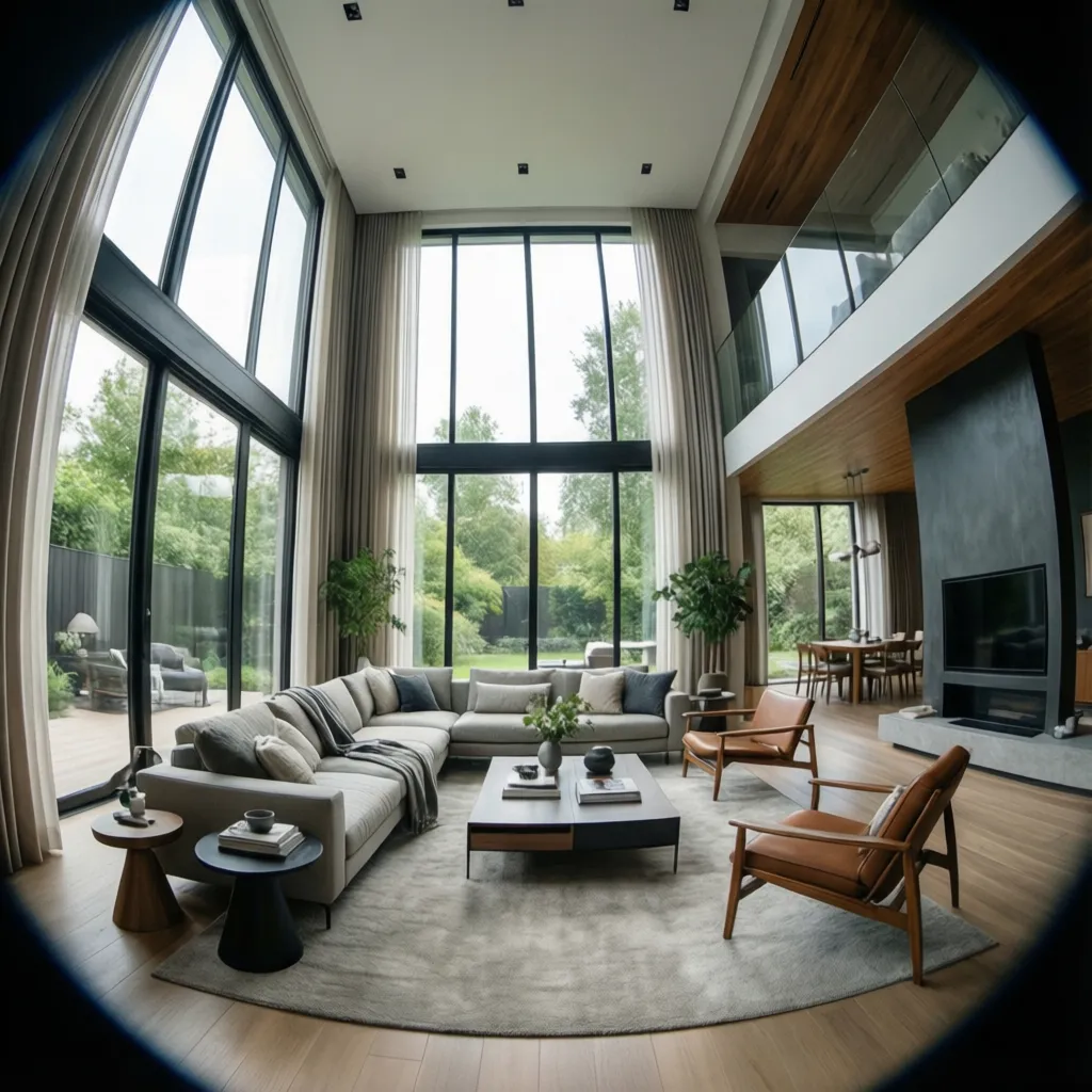 Sala moderna con doble altura conectando dos niveles