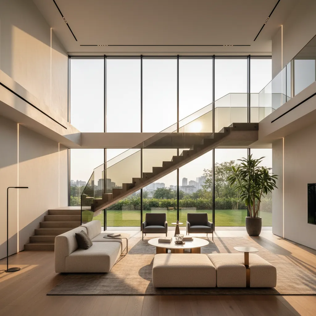 Interior de casa moderna con doble altura y escalera de diseño