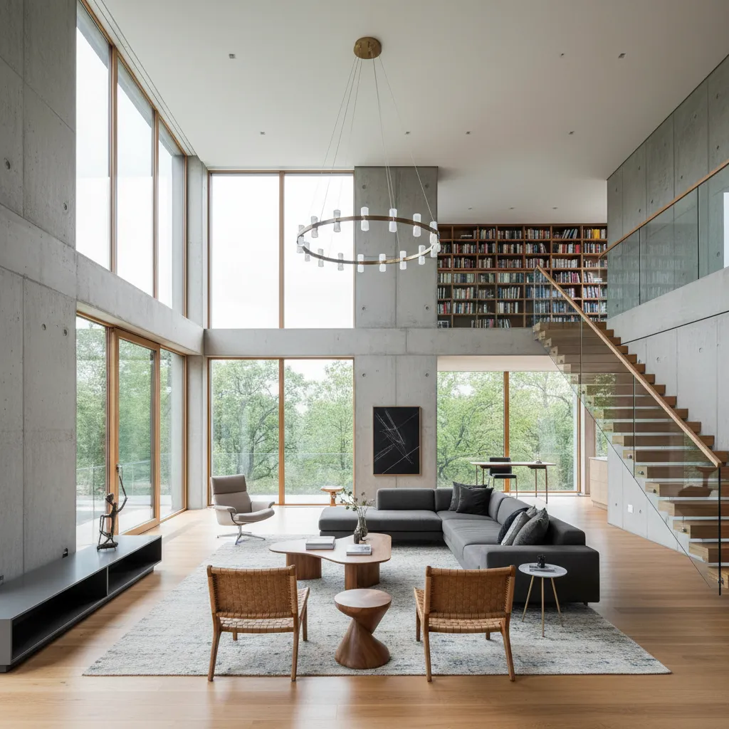 Interior de casa con doble altura y gran entrada de luz natural