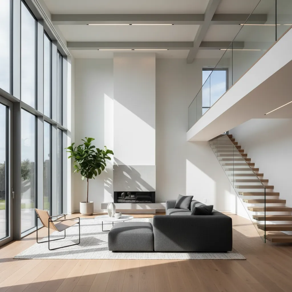 Sala de estar con doble altura en una casa moderna de dos plantas