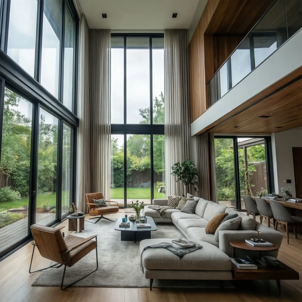 Modern high ceiling living room with grey sofa brown leather chairs and large glass wall windows