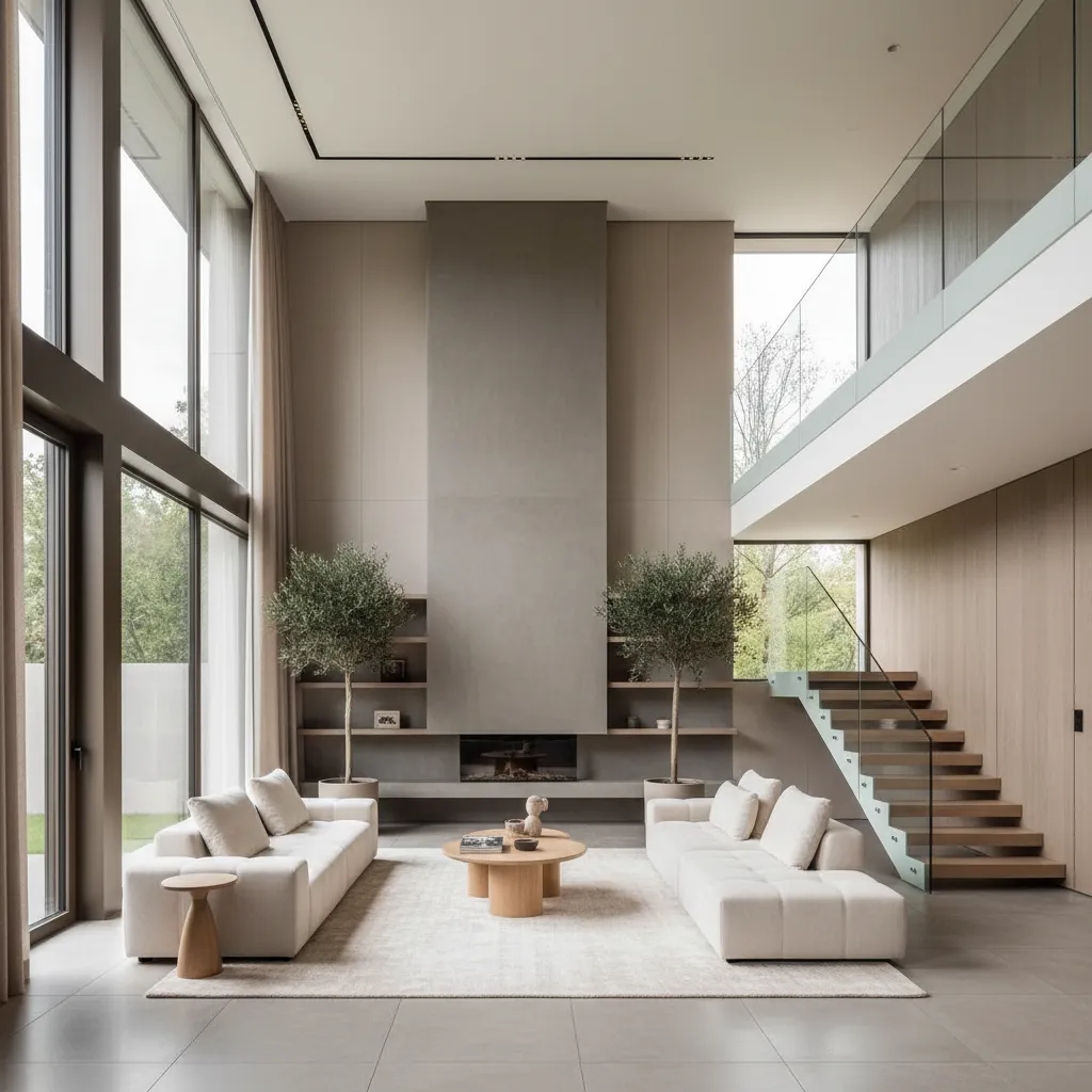 Sala con doble altura en una casa moderna de dos pisos