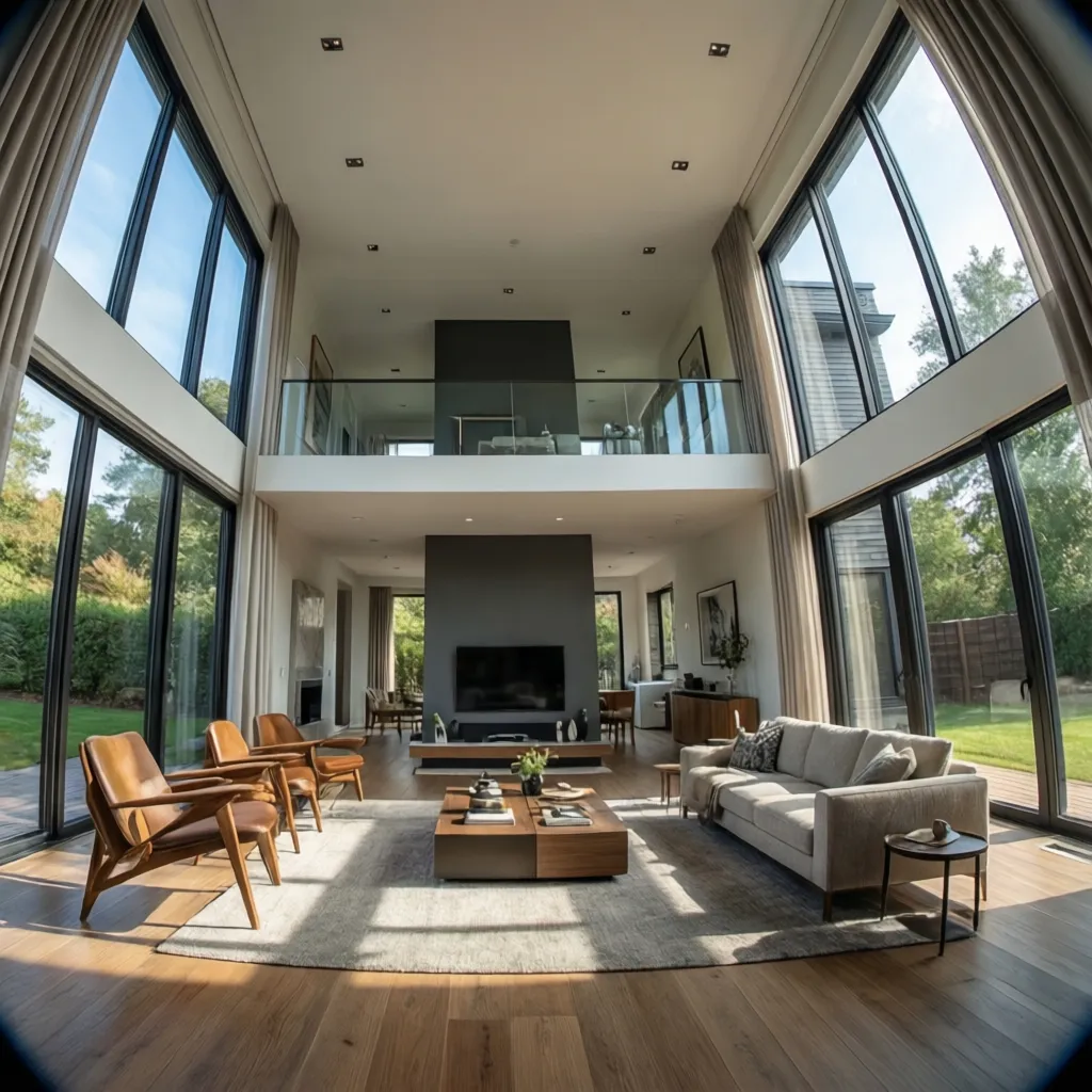 Modern living room with large windows sofa wooden floor fireplace and an open upstairs area