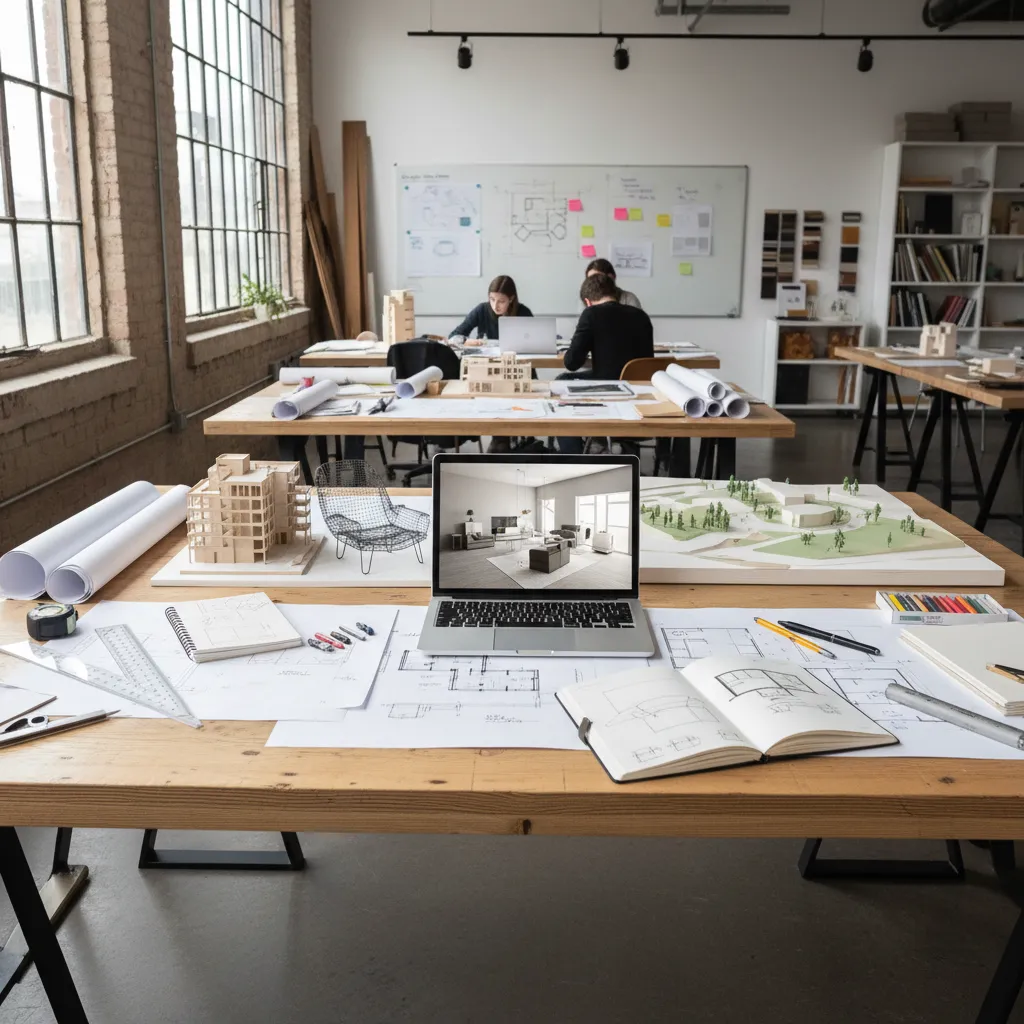 Interior design drawing on laptop with paper rolls and models on a wooden office desk