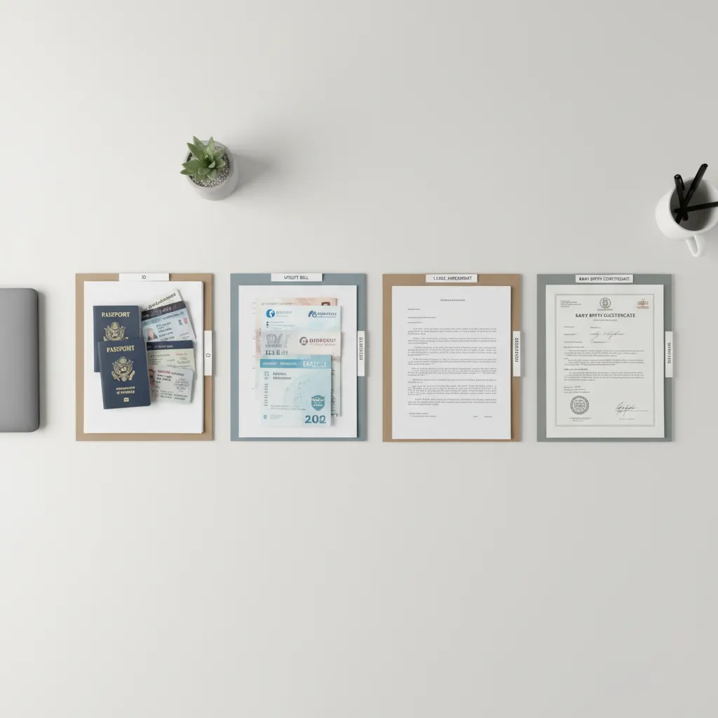 organized stack of identification and address documents arranged for verification