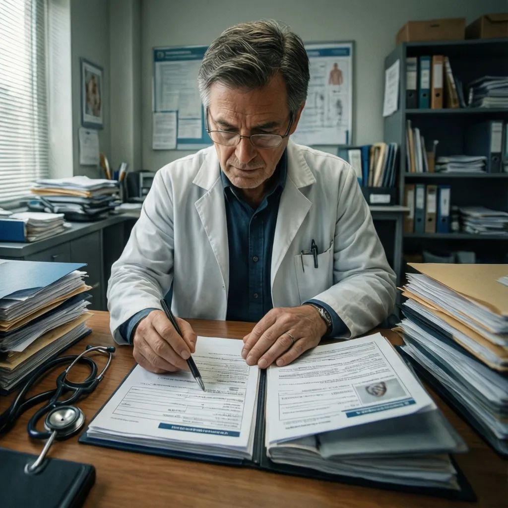 Profesional revisando formularios y registros clínicos en una evaluación