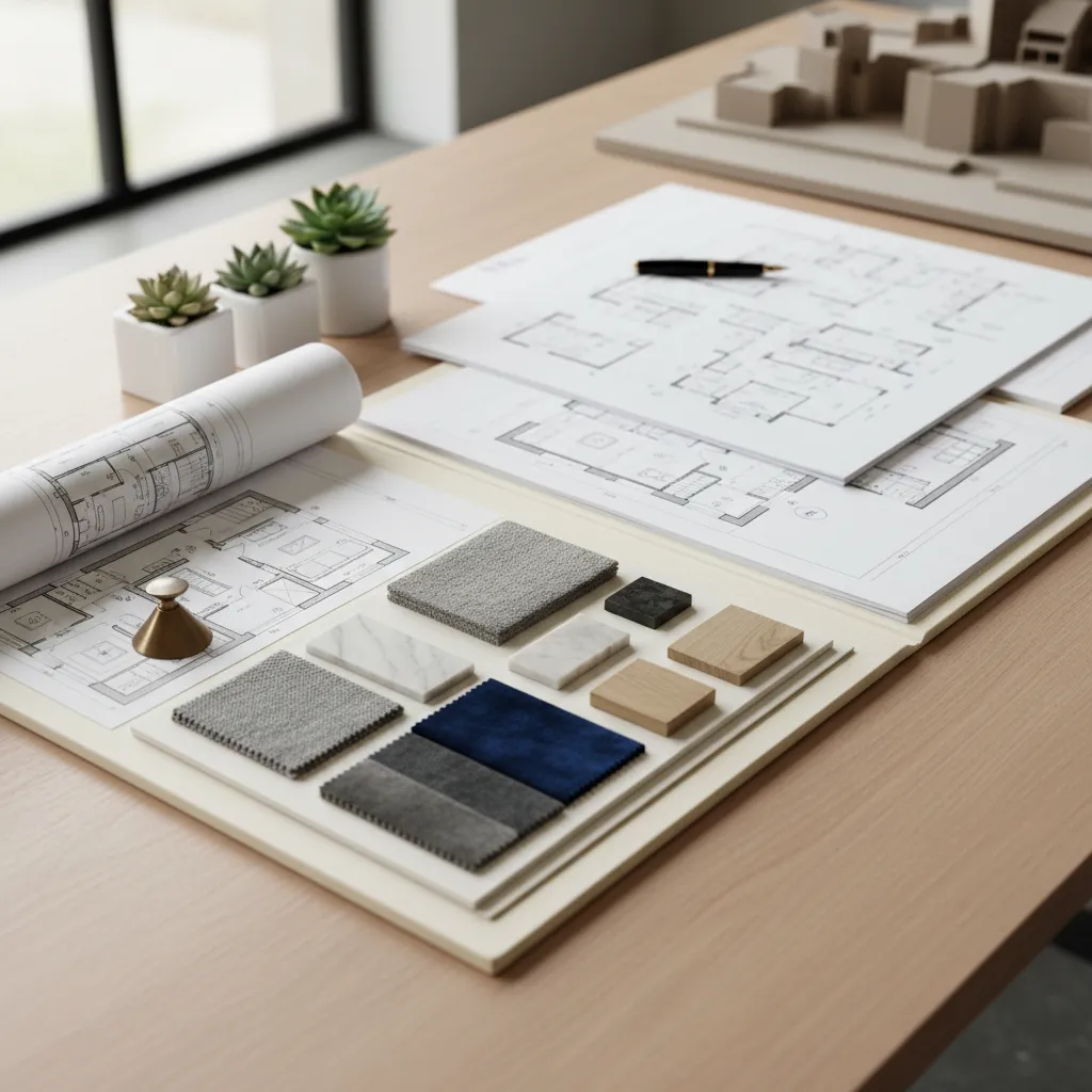 Carpeta con documentos de proyecto de interiorismo y planos técnicos