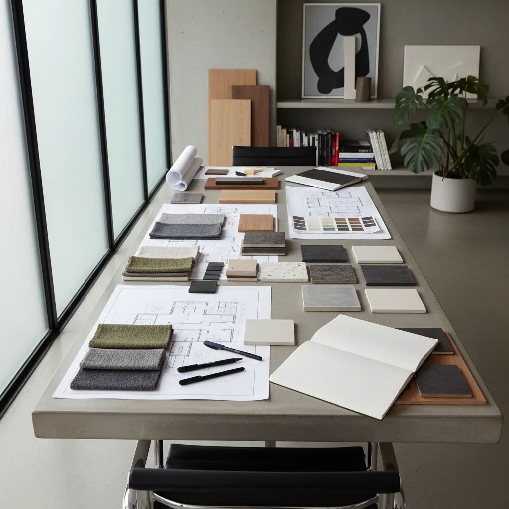 Mesa con planos de interiorismo, muestras de materiales y documentos del proyecto